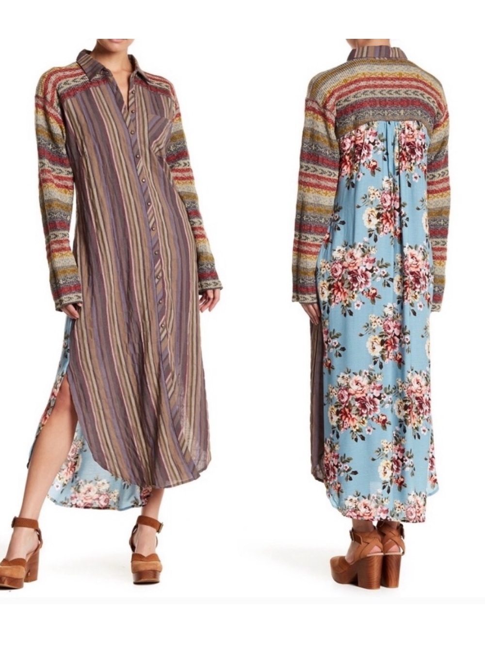 Boho Floral-Panel Maxi Dress in Blue and Multicolor